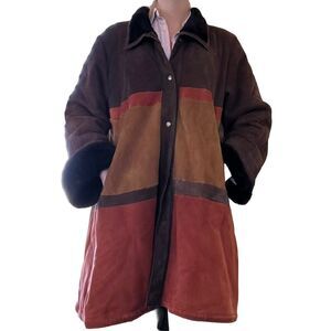 Vintage SAKS 5th Avenue 70s 80s Shearling Leather Wool Brown Orange Long Coat XL